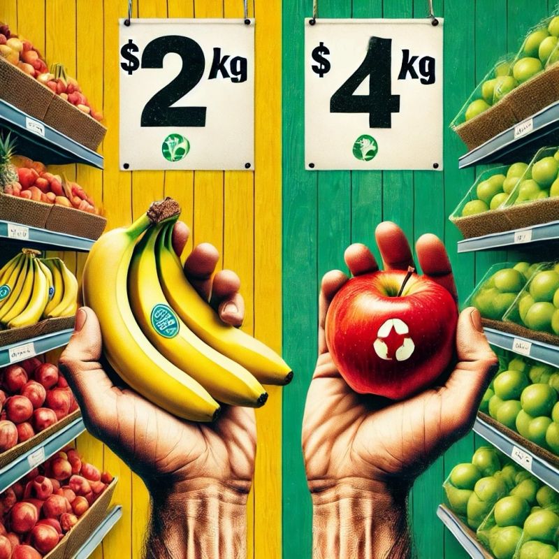 Bananas and apple in a grocery store